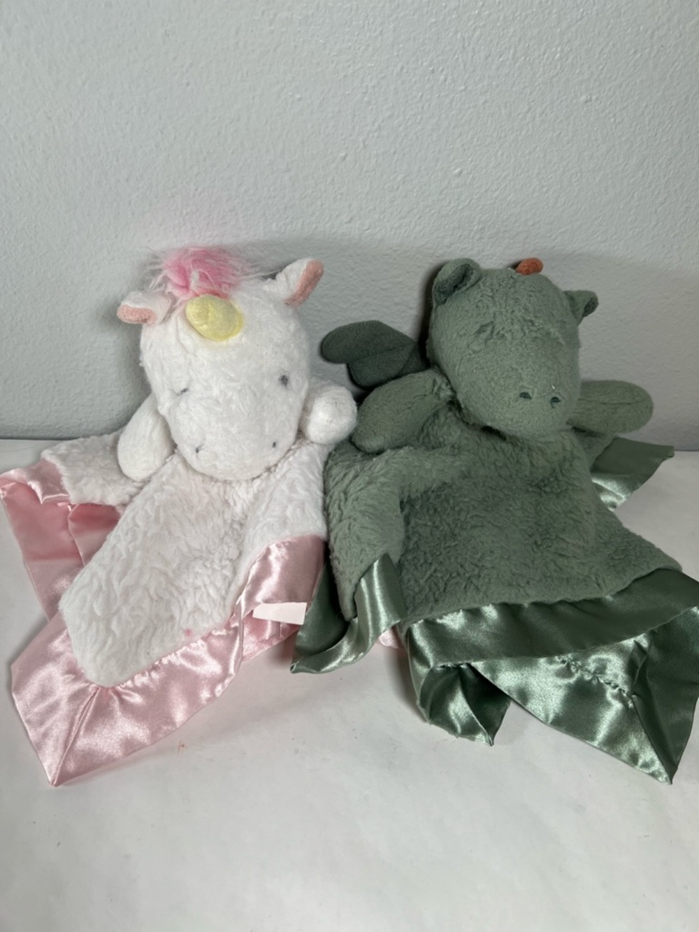 cloud island Unicorn and Dragon Lovey Set - White, Pink & Sage Green